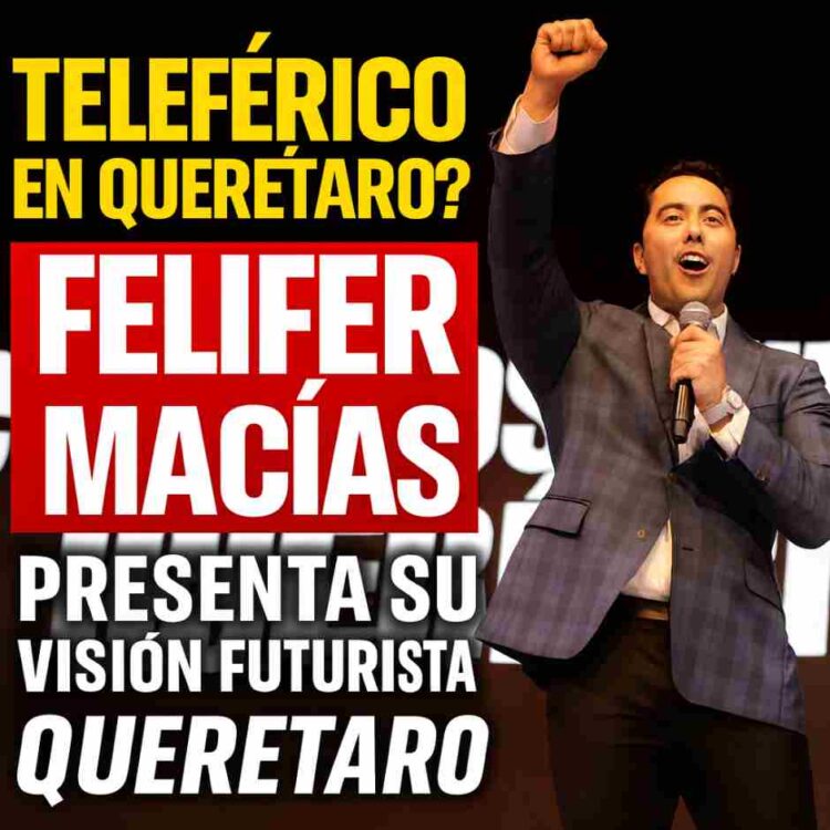 Felifer Macías alza el puño durante su presentación “Una Mirada al Querétaro del Futuro”, donde anunció obras clave como el teleférico, transporte eléctrico, el rescate del Teatro Hércules y una nueva delegación en Juriquilla.