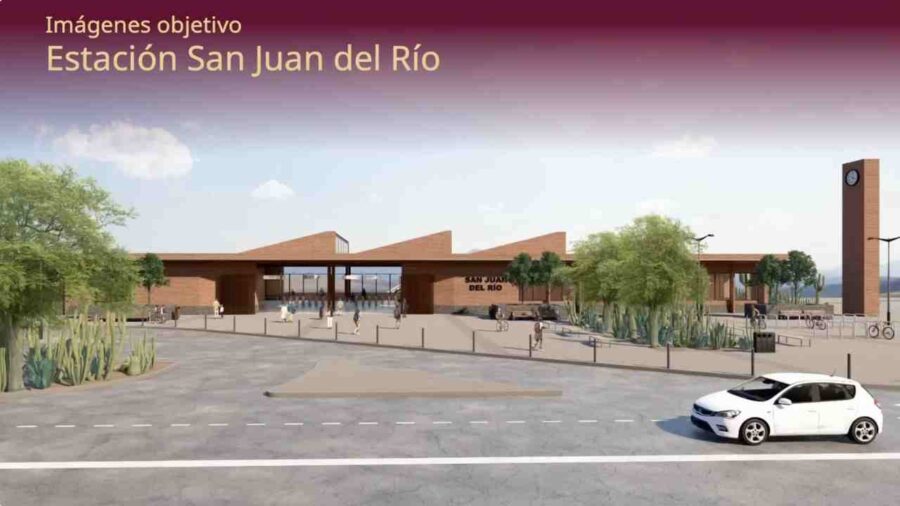Render arquitectónico de la estación ferroviaria San Juan del Río con diseño funcional