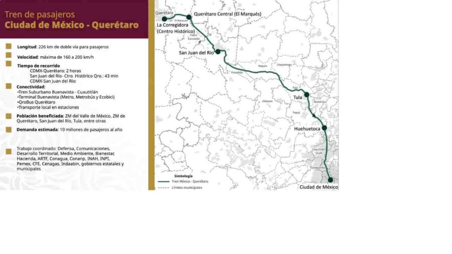 Mapa del recorrido completo del Tren CDMX–Querétaro y estaciones
