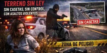 Imagen impactante de la inseguridad en la autopista Querétaro-Celaya: una víctima de asalto aparece atada y golpeada junto a un delincuente armado. El acceso sin caseta refleja la falta de control en esta vía federal. Ideal para ilustrar notas sobre inseguridad, crimen en carreteras, o denuncias ciudadanas. Frases como “zona de peligro” y “el crimen tiene pase libre” refuerzan el mensaje de alerta.