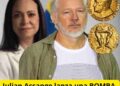 Julian Assange y al fondo María Corina Machado y la moneda del premio Nobel