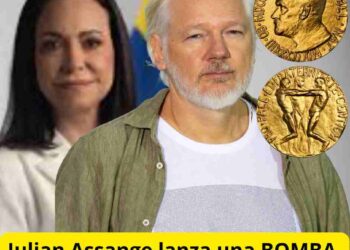 Julian Assange y al fondo María Corina Machado y la moneda del premio Nobel