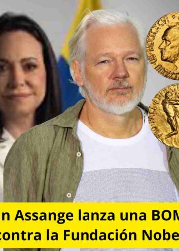 Julian Assange y al fondo María Corina Machado y la moneda del premio Nobel