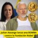Julian Assange y al fondo María Corina Machado y la moneda del premio Nobel