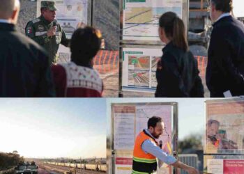 Claudia Sheinbaum supervisa obras del Tren México–Querétaro en San Juan del Río junto a ingenieros militares y funcionarios; exposición técnica de planos y avance del proyecto.