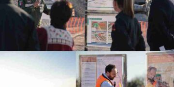 Claudia Sheinbaum supervisa obras del Tren México–Querétaro en San Juan del Río junto a ingenieros militares y funcionarios; exposición técnica de planos y avance del proyecto.