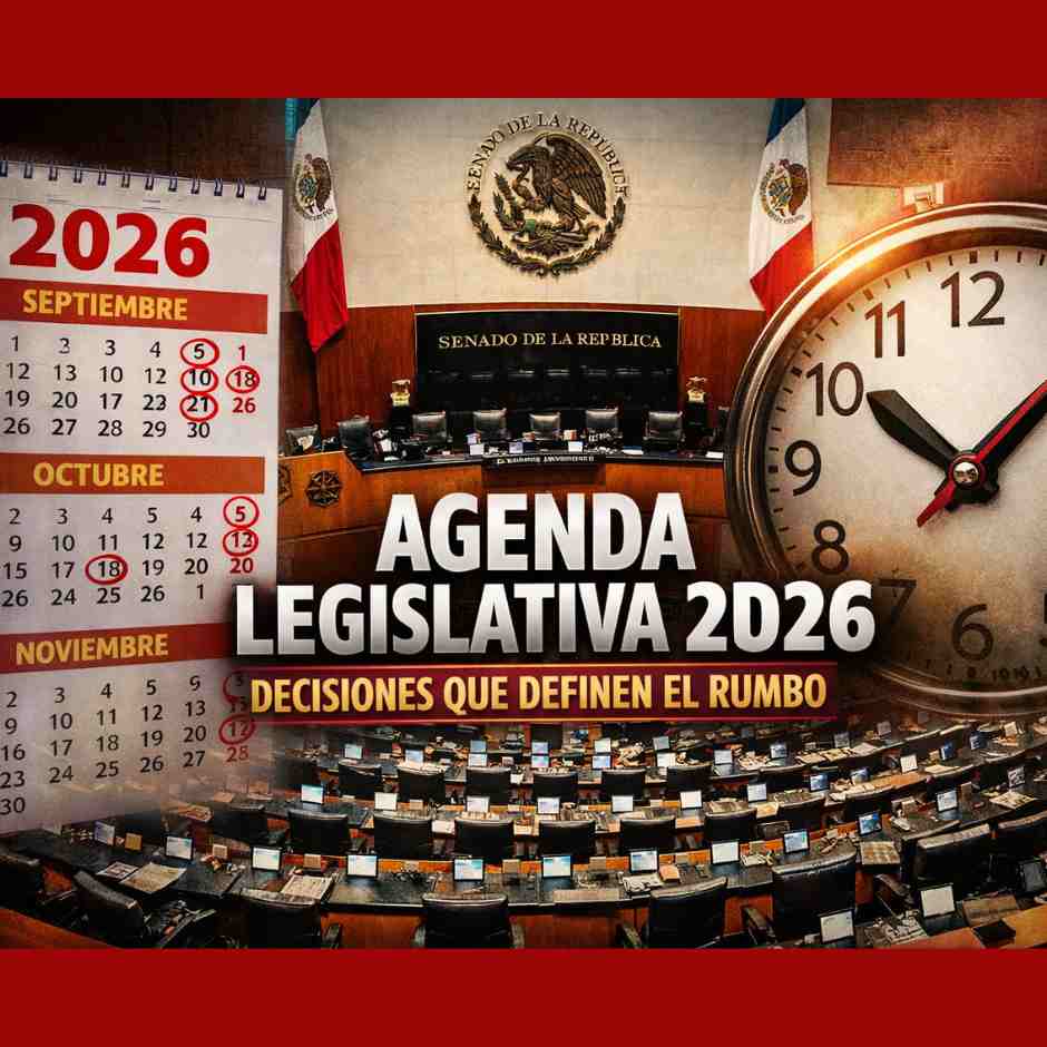 Calendario del Senado de la República 2026 con sesiones legislativas y reloj marcando decisiones políticas clave rumbo a 2027