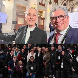 Fotomontaje con dos fotos: arriba, dos personas sonríen para una selfie en un recinto oficial; abajo, un grupo de asistentes posa juntos para la cámara dentro del mismo salón.