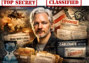 Retrato de Julian Assange rodeado de documentos clasificados de WikiLeaks sobre Irak, espionaje y Cablegate