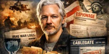 Retrato de Julian Assange rodeado de documentos clasificados de WikiLeaks sobre Irak, espionaje y Cablegate