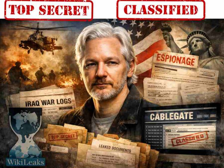 Retrato de Julian Assange rodeado de documentos clasificados de WikiLeaks sobre Irak, espionaje y Cablegate