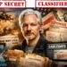 Retrato de Julian Assange rodeado de documentos clasificados de WikiLeaks sobre Irak, espionaje y Cablegate