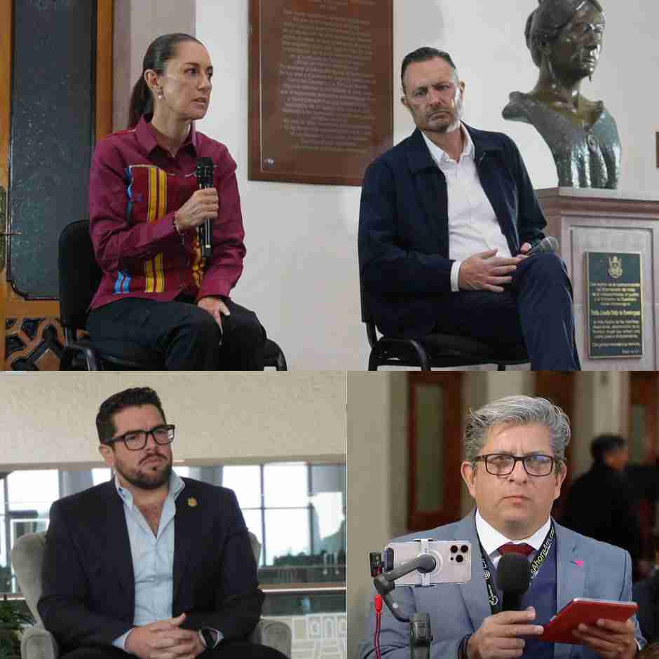 La presidenta de México y el gobernador de Querétaro en un encuentro con medios; abajo, dos periodistas listos para entrevistas.
