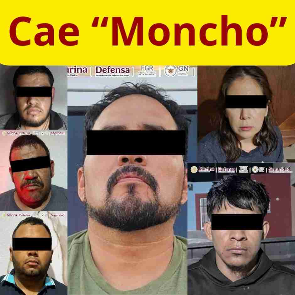 Montaje con seis fotos de presuntos criminales detenidos en Querétaro, incluyendo a “Moncho”, en el centro. Aparece el texto "Cae 'Moncho'" en la parte superior.