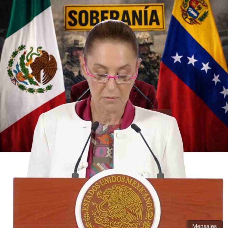 Claudia Sheinbaum habla sobre soberanía de México, con banderas de México y Venezuela al fondo
