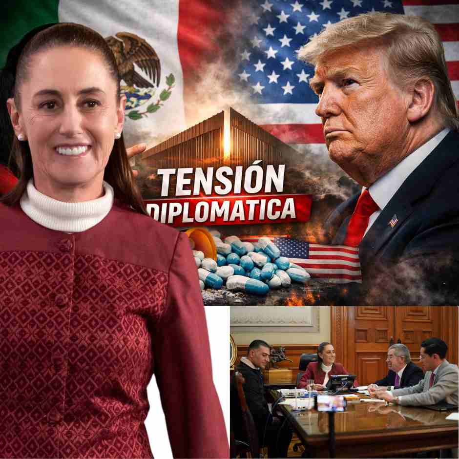 Claudia Sheinbaum y Donald Trump frente a frente con banderas de México y EE.UU., pastillas de fentanilo y mensaje de tensión diplomática.