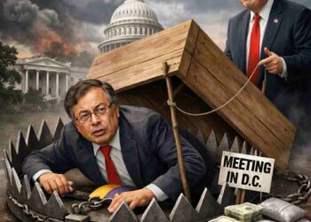 Gustavo Petro atrapado en una trampa de oso frente al Capitolio, mientras Donald Trump sostiene una cuerda que simboliza una trampa diplomática durante su reunión en Washington.