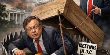 Gustavo Petro atrapado en una trampa de oso frente al Capitolio, mientras Donald Trump sostiene una cuerda que simboliza una trampa diplomática durante su reunión en Washington.