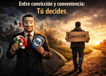 Ilustración política con un político sosteniendo máscaras del PRI y PAN, usando una de MORENA, mientras al fondo se ve una ciudad oscura; al lado, un ciudadano camina hacia un amanecer con un cartel que dice "Convicción".