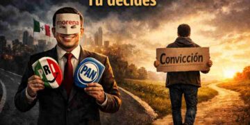 Ilustración política con un político sosteniendo máscaras del PRI y PAN, usando una de MORENA, mientras al fondo se ve una ciudad oscura; al lado, un ciudadano camina hacia un amanecer con un cartel que dice "Convicción".