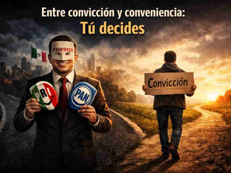 Ilustración política con un político sosteniendo máscaras del PRI y PAN, usando una de MORENA, mientras al fondo se ve una ciudad oscura; al lado, un ciudadano camina hacia un amanecer con un cartel que dice "Convicción".