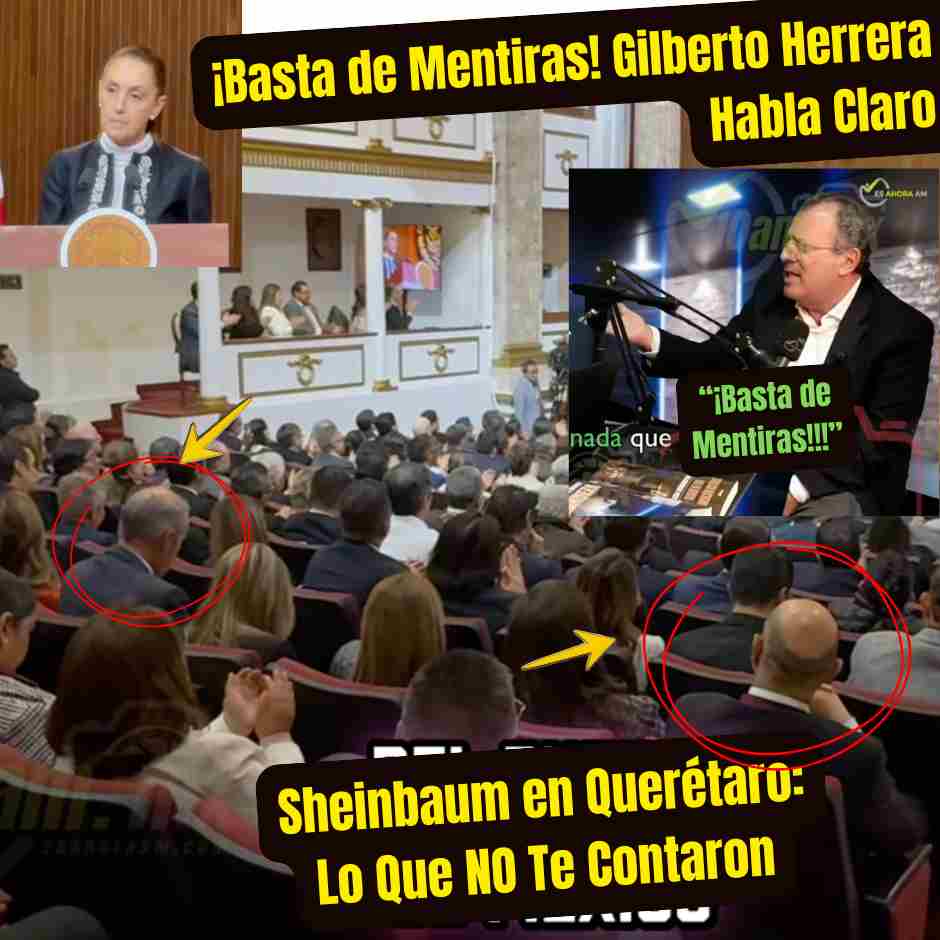 Montaje con Claudia Sheinbaum hablando en el Teatro de la República y Gilberto Herrera criticando la falta de participación del público, señalando a políticos que no aplaudieron durante el evento del 5 de febrero en Querétaro.
