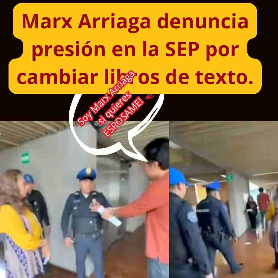Marx Arriaga dialogando con policías en la SEP tras denunciar presión para cambiar libros de texto gratuitos.