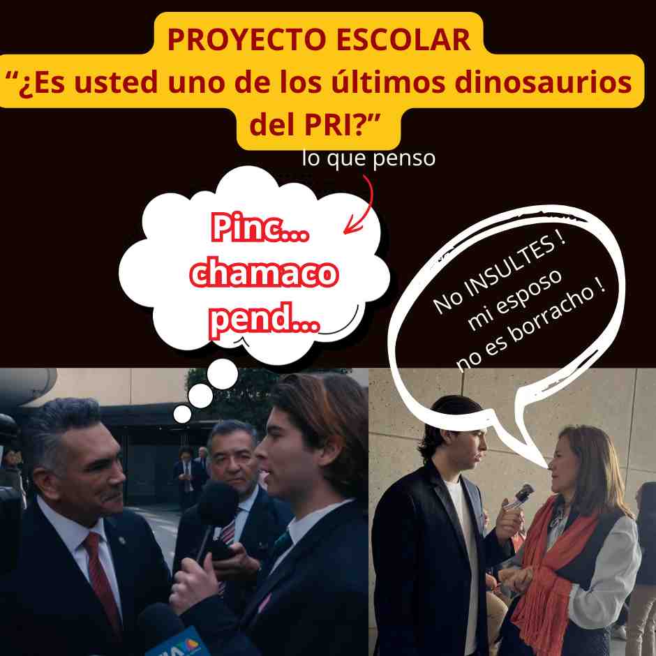 Joven entrevistando a políticos del PRI en el Congreso con frases satíricas sobre “dinosaurios del PRI” y reacciones incómodas.