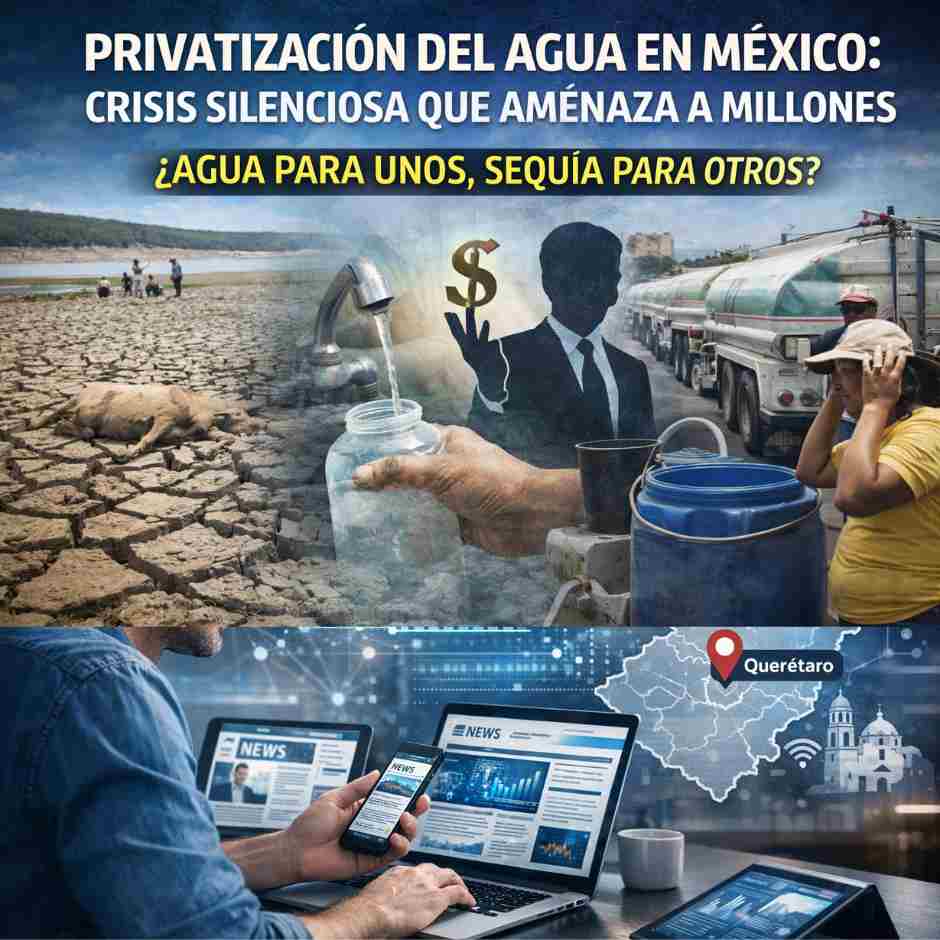 Collage digital sobre la crisis del agua en México, mostrando sequía, tinacos vacíos, camiones cisterna y la desigualdad entre empresas privadas y ciudadanos vulnerables. Incluye mapa de Querétaro como punto clave del análisis.