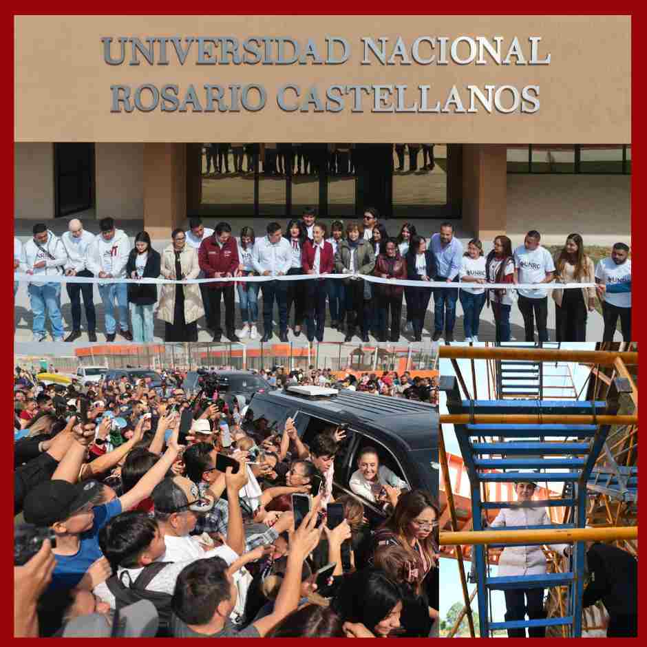 Presidenta Claudia Sheinbaum inaugura campus de la Universidad Nacional Rosario Castellanos en San Luis Potosí, rodeada de ciudadanos y estudiantes.