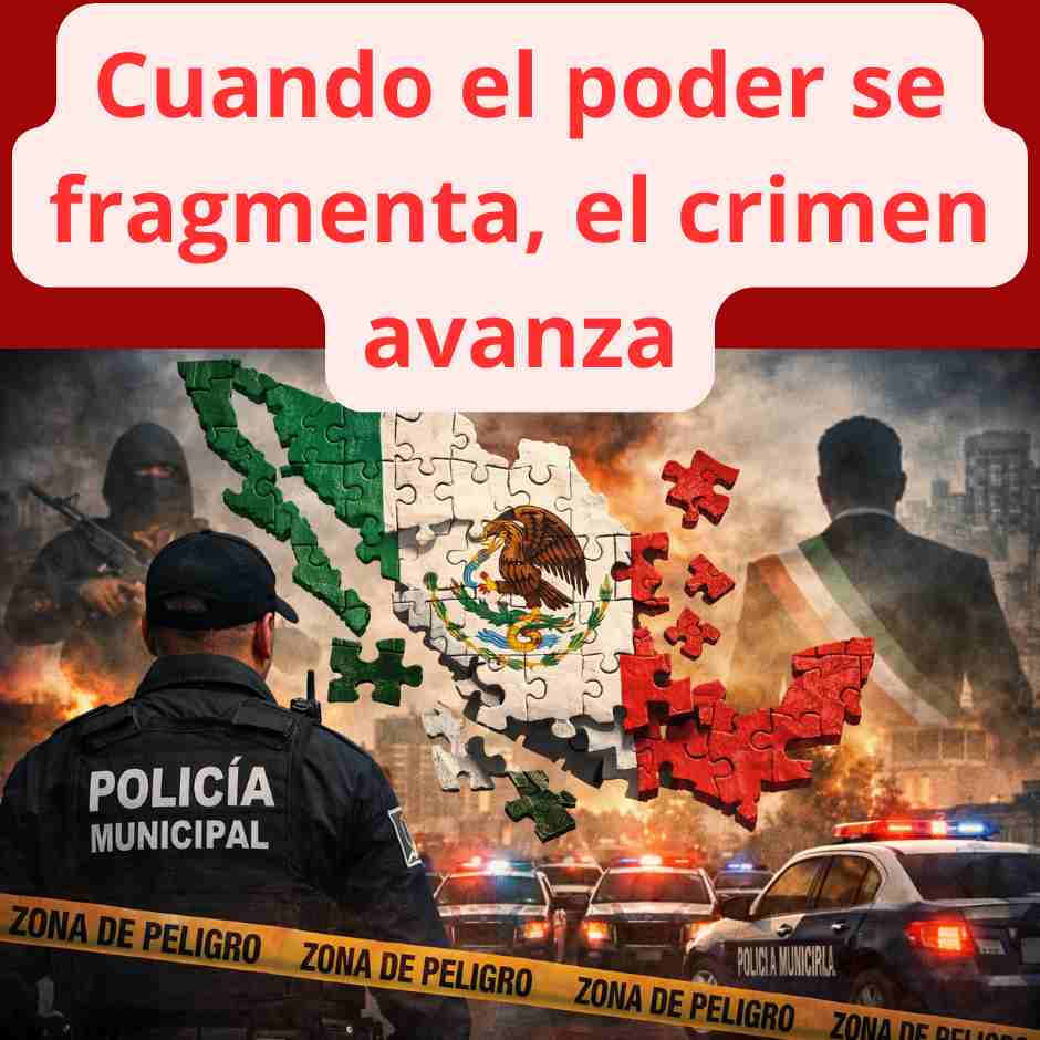 Policía municipal frente a un mapa de México fragmentado en piezas, simbolizando cómo la división del poder y el mando local debilitan la seguridad y permiten el avance del crimen organizado.