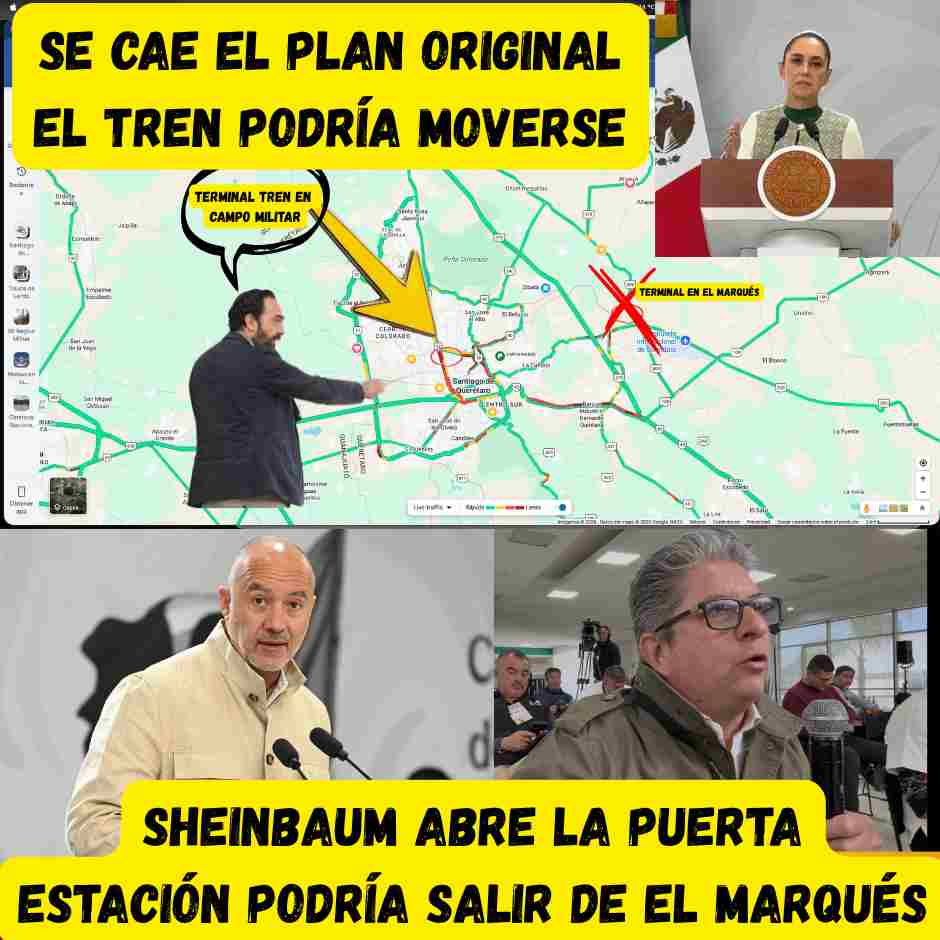 Miniatura de YouTube con mapa de Querétaro señalando posible terminal del tren en Campo Militar en lugar de El Marqués, acompañada de imágenes de la presidenta Claudia Sheinbaum y funcionarios.