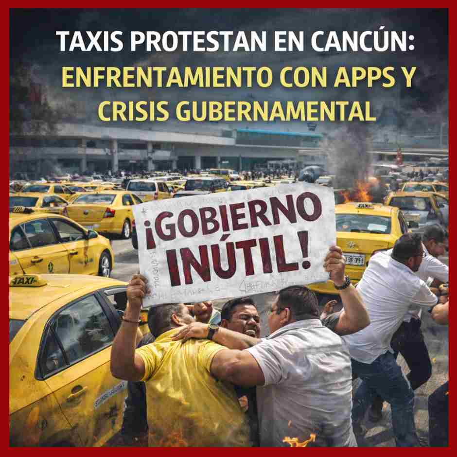 Taxistas protestan en Cancún bloqueando calles con sus unidades, entre enfrentamientos y pancartas contra el gobierno, por conflicto con aplicaciones como Uber. Imagen dramática de crisis urbana y descontento social.