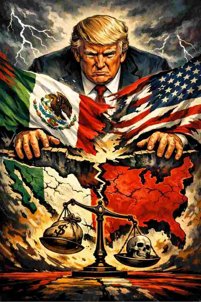 Ilustración política de Donald Trump presionando una frontera rota entre México y Estados Unidos, con banderas rasgadas y una balanza que compara dinero y muerte bajo un cielo tormentoso.