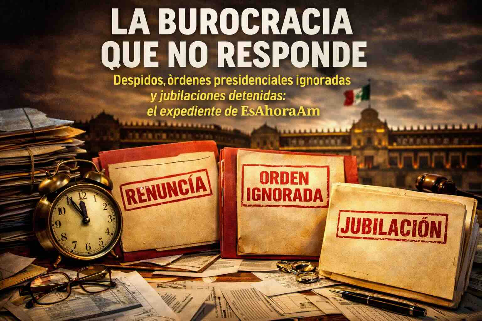 Carpetas con sellos de renuncia, orden ignorada y jubilación frente a Palacio Nacional que simbolizan irregularidades administrativas en dependencias federales