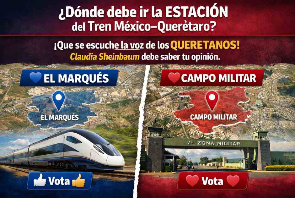 Infografía sobre el debate en Querétaro para definir la ubicación de la estación del Tren México-Querétaro entre El Marqués y Campo Militar.