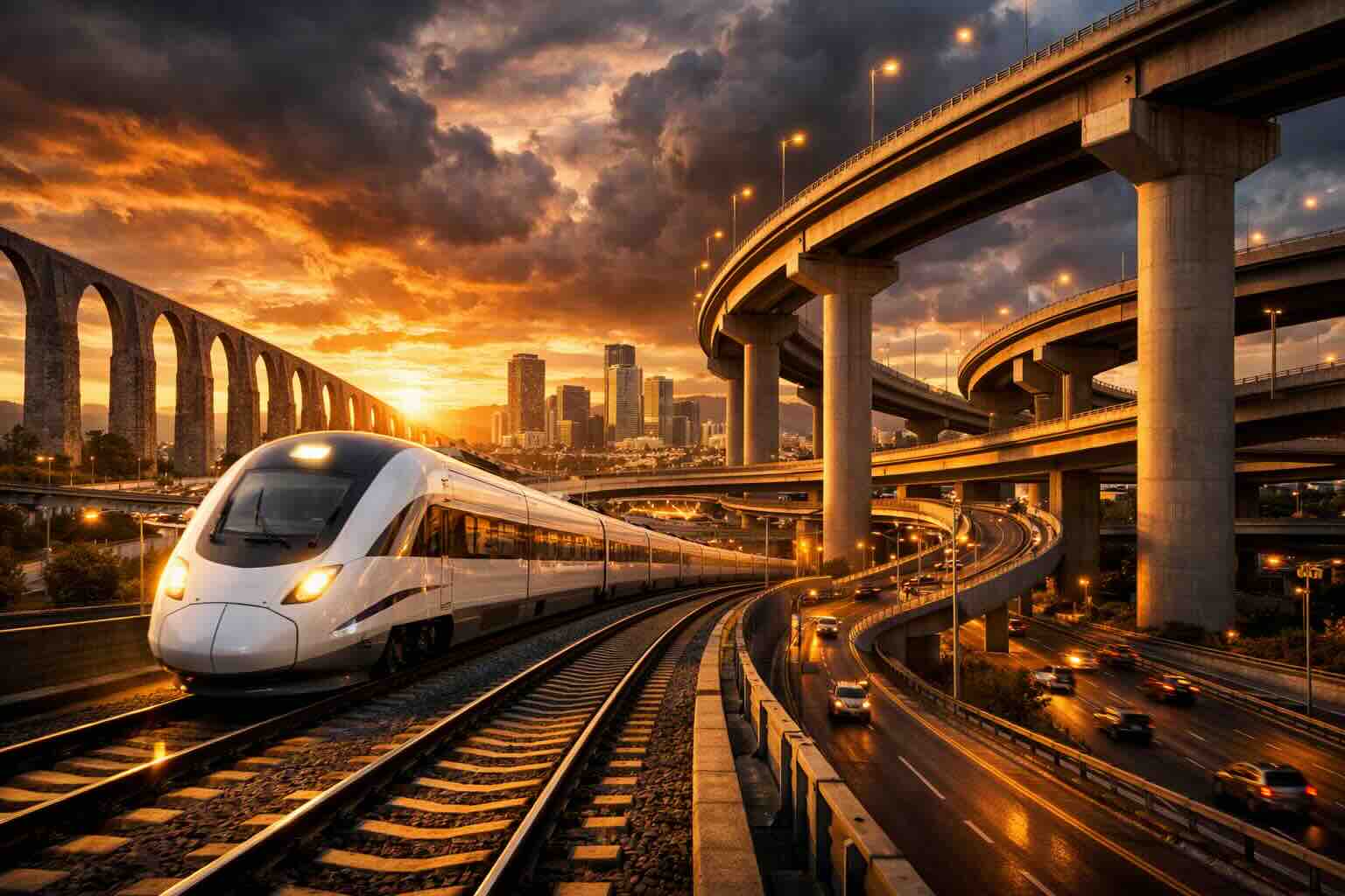 Tren moderno de alta velocidad circulando entre puentes monumentales, autopistas elevadas y distribuidores viales en Querétaro, al atardecer dramático.