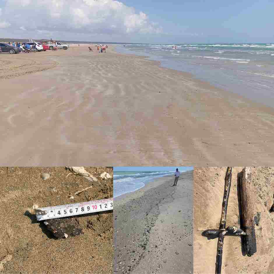 Recorridos de inspección en playa del Golfo de México con hallazgo de residuos dispersos de hidrocarburo sobre la arena.