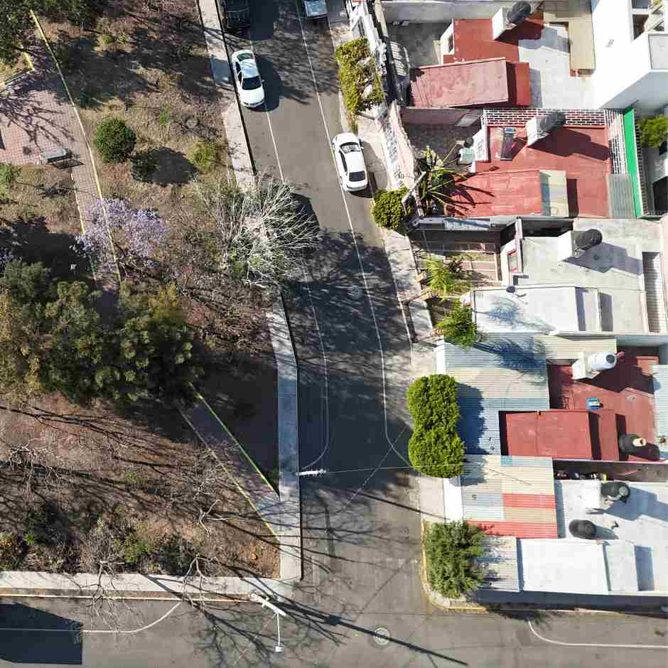 Vista aérea de una calle residencial junto a un parque con árboles y casas en Querétaro