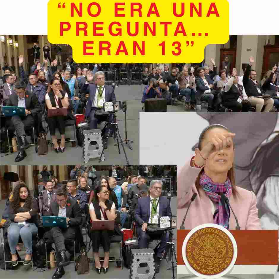 Claudia Sheinbaum señala a reporteros en la mañanera mientras imagen destaca exceso de hasta 13 preguntas en conferencia