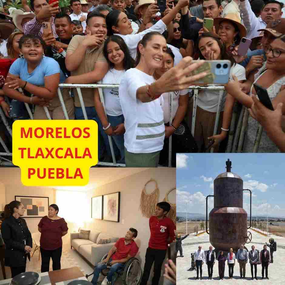 Claudia Sheinbaum tomándose selfies con ciudadanos durante su gira en Morelos, Puebla y Tlaxcala, donde entregó viviendas, escrituras e inauguró proyectos de bienestar