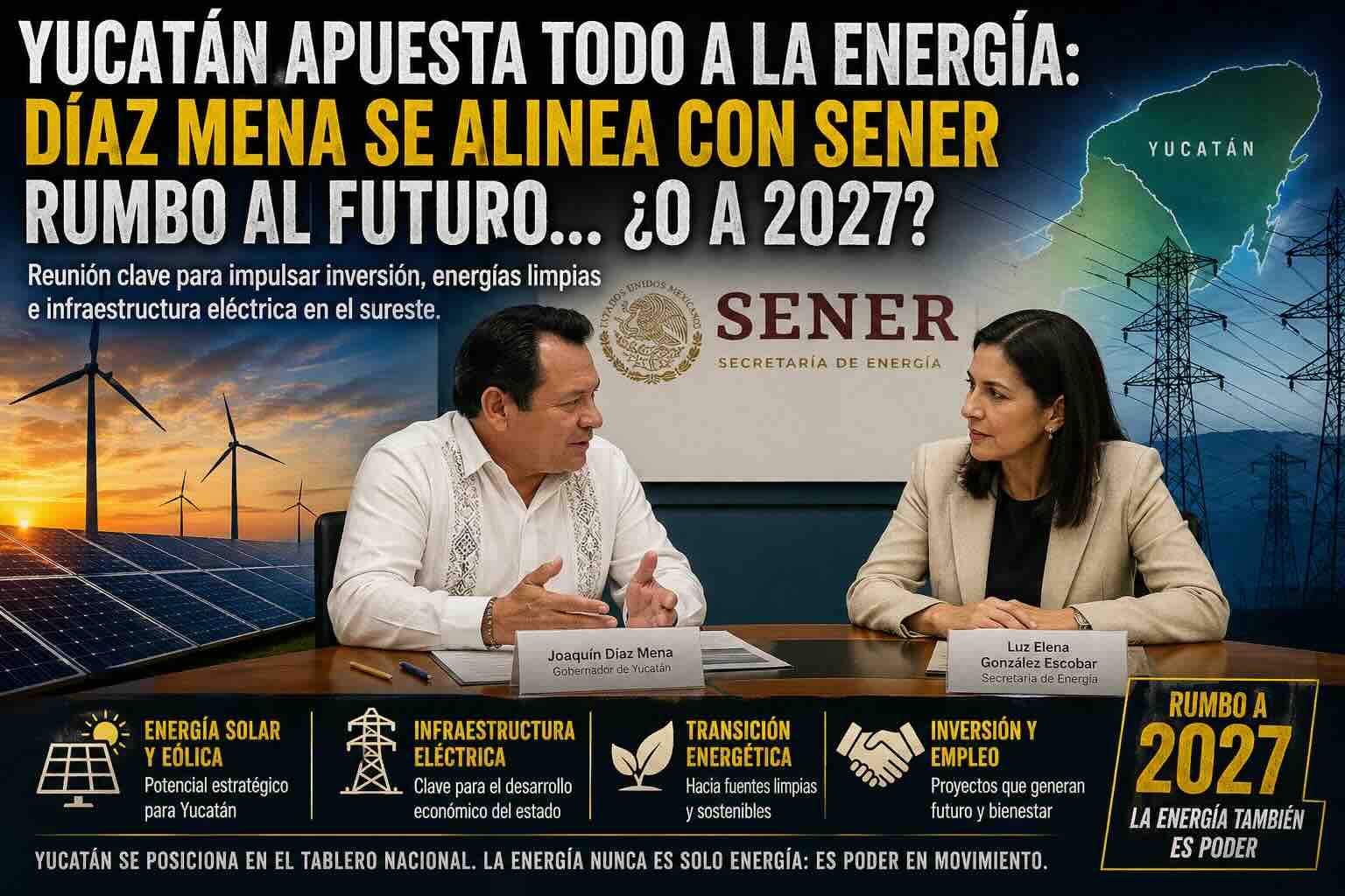 Joaquín Díaz Mena y Luz Elena González Escobar en reunión con funcionarios para impulsar proyectos de energía en Yucatán