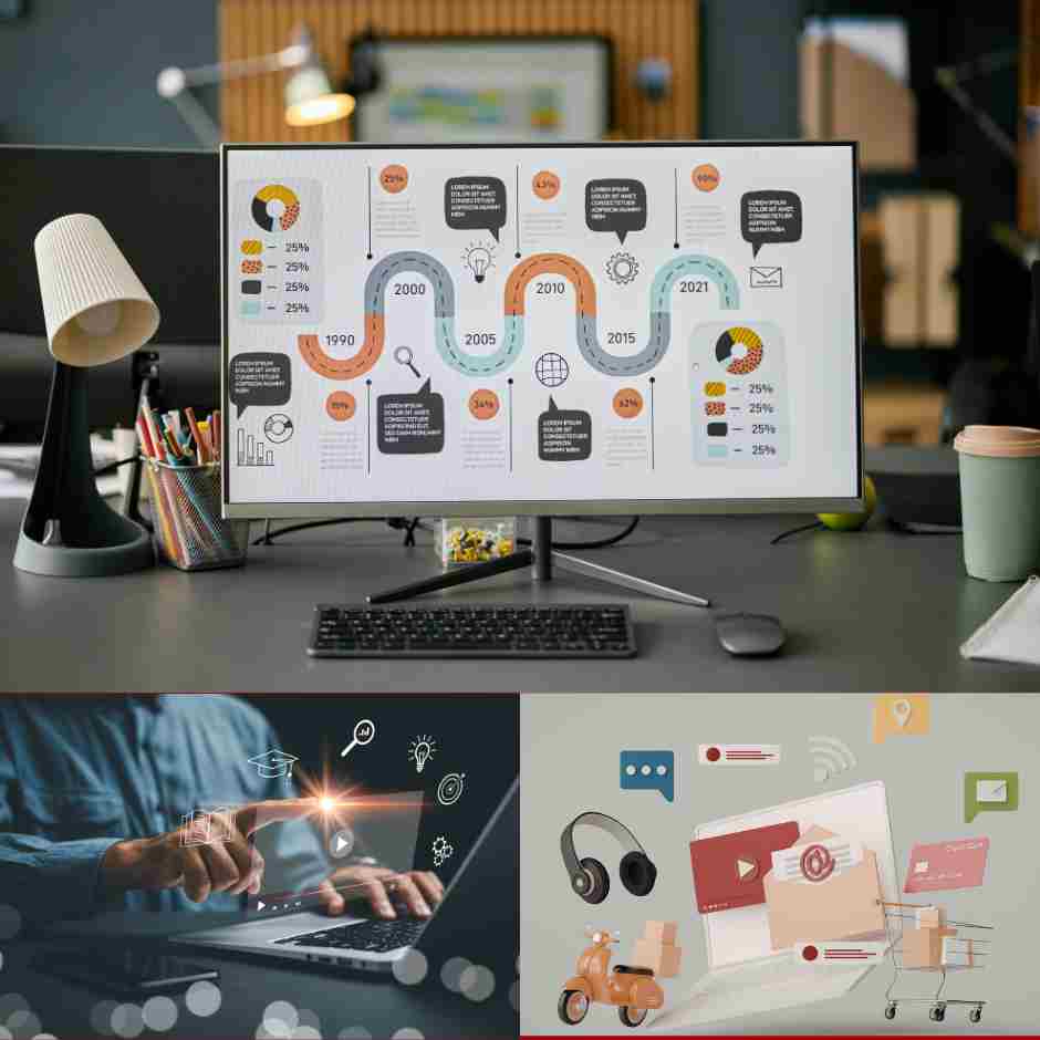 Composición visual sobre marketing digital con pantalla de análisis de datos, interacción tecnológica y comercio electrónico