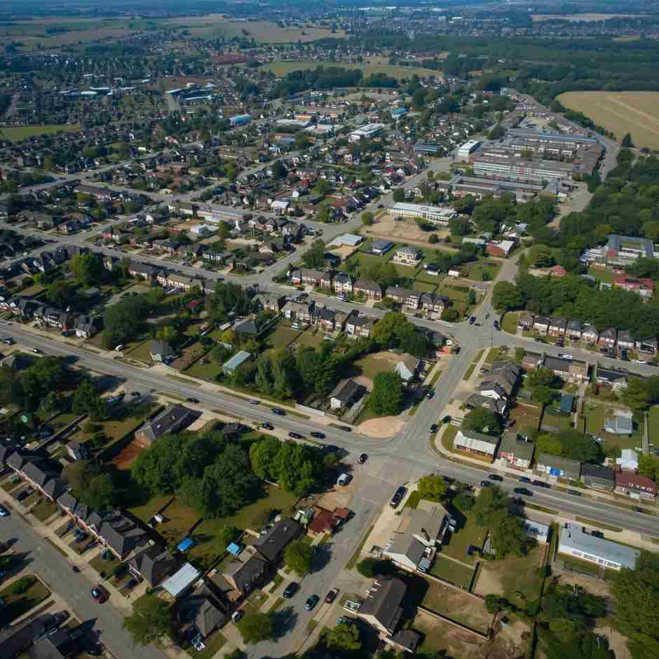 Vista aérea de una zona urbana con viviendas, calles, áreas industriales y campos agrícolas