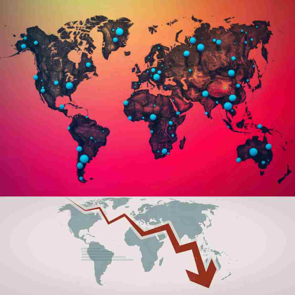 Ilustración de un mapa del mundo con una flecha descendente que simboliza crisis o desaceleración económica global
