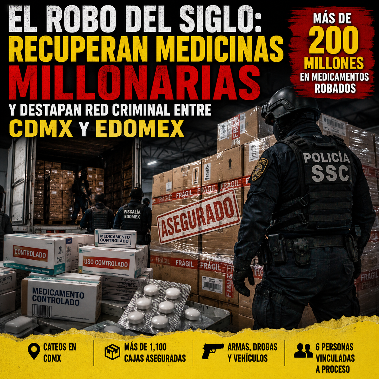 Policías resguardan cajas de medicamento controlado recuperadas tras operativo contra red criminal en CDMX y Edomex.