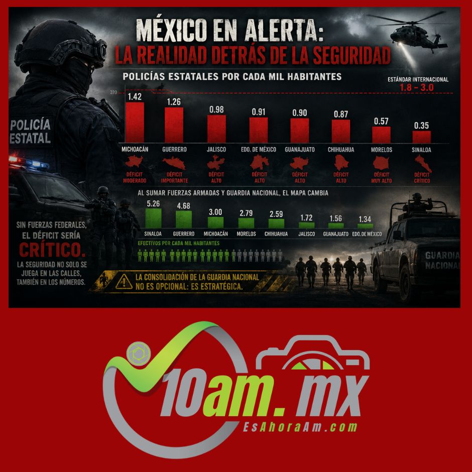 Infografía que compara el número de policías estatales por cada mil habitantes en ocho estados de México y muestra cómo el despliegue de la Guardia Nacional y las Fuerzas Armadas incrementa significativamente el estado de fuerza en entidades con alta incidencia delictiva.