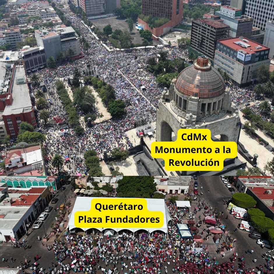 Vista aérea comparativa de la concentración ciudadana en el Monumento a la Revolución de Ciudad de México y Plaza Fundadores de Querétaro durante el informe por los dos años del triunfo de la presidenta Claudia Sheinbaum.