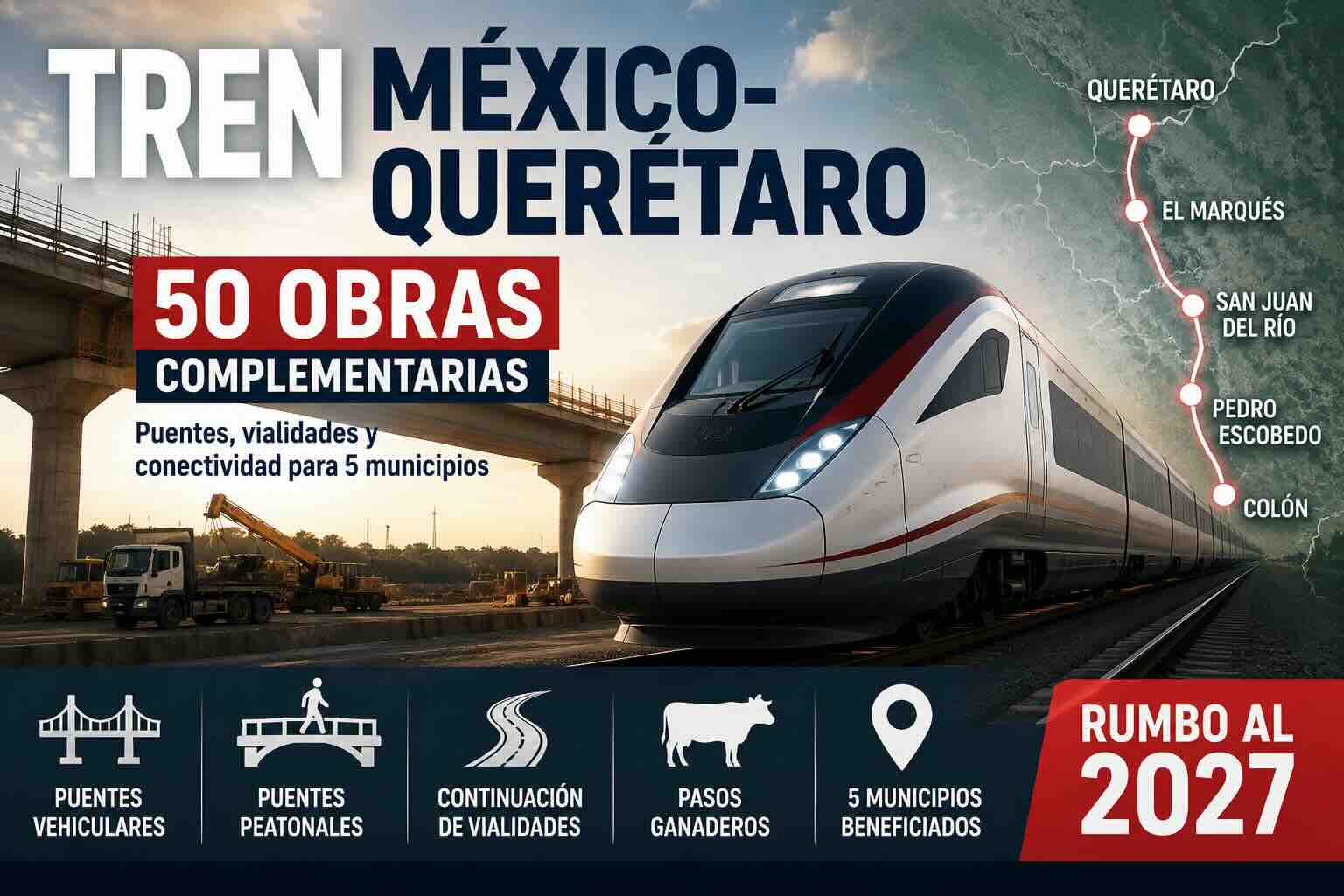 Imagen destacada del proyecto Tren México-Querétaro mostrando un tren moderno, obras de infraestructura y el anuncio de 50 obras complementarias en cinco municipios rumbo al 2027.