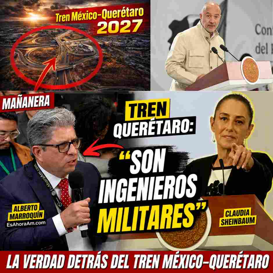 Miniatura de YouTube con Claudia Sheinbaum y el periodista Alberto Marroquín durante la mañanera sobre el Tren México-Querétaro y la participación de ingenieros militares en la obra.